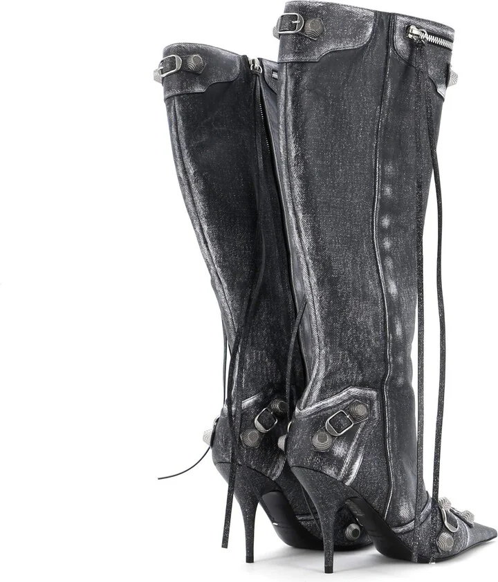 Balenciaga Women's Cagole Knee High Boots Printed Studded Leather 90 - Image 3