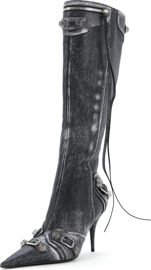 Balenciaga Women's Cagole Knee High Boots Printed Studded Leather 90