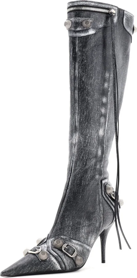 Balenciaga Women's Cagole Knee High Boots Printed Studded Leather 90