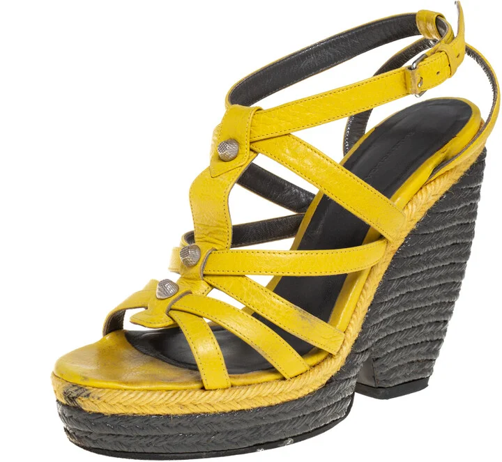 Balenciaga Yellow Leather Wedge Ankle Strap Sandals Size 38