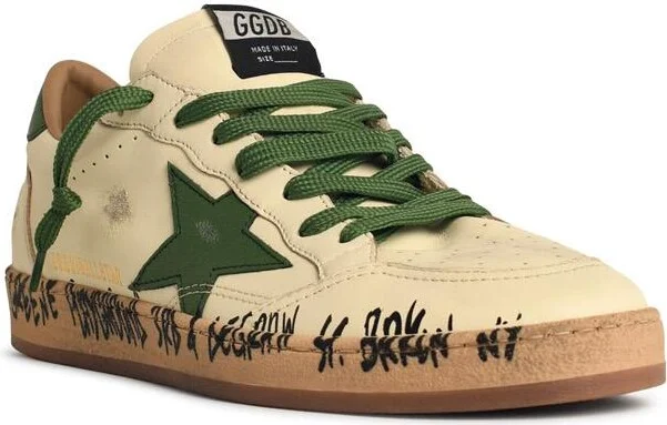 'ball-star' White Nappa Leather Sneakers With Green Star And Heel - Image 2