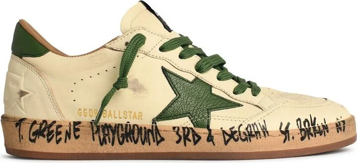 'ball-star' White Nappa Leather Sneakers With Green Star And Heel