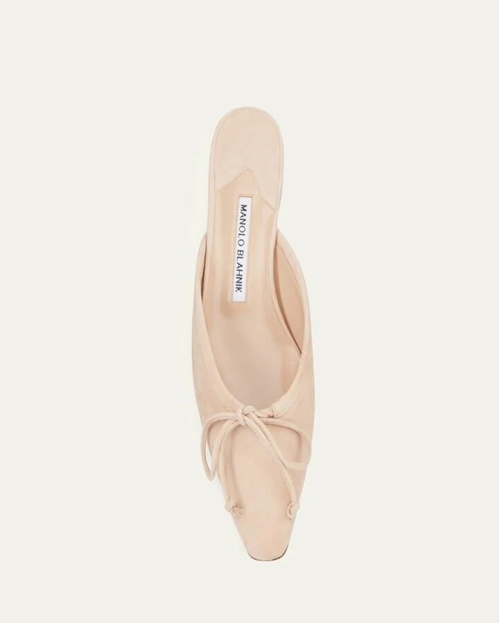 Ballerimu Suede Bow Ballerina Flat Mules, Nude - Image 2