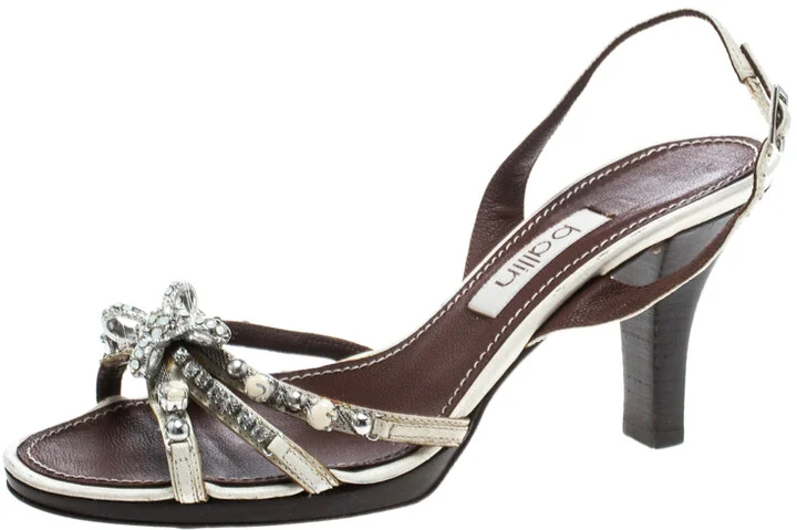 Ballin White Strappy Leather Crystal Embellished Slingback Sandals Size 37