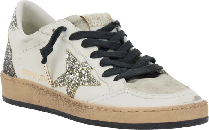 'Ballstar' White Low Top Sneakers With Glittered Star Patch On The Side And Glittered Heel With Logo Lettering In Leather Woman - Image 2
