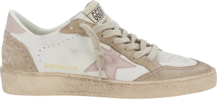 'Ballstar' White Low Top Sneakers With Glittered Star Patch On The Side And Glittered Heel With Logo Lettering In Leather Woman