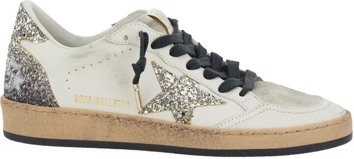 'Ballstar' White Low Top Sneakers With Glittered Star Patch On The Side And Glittered Heel With Logo Lettering In Leather Woman