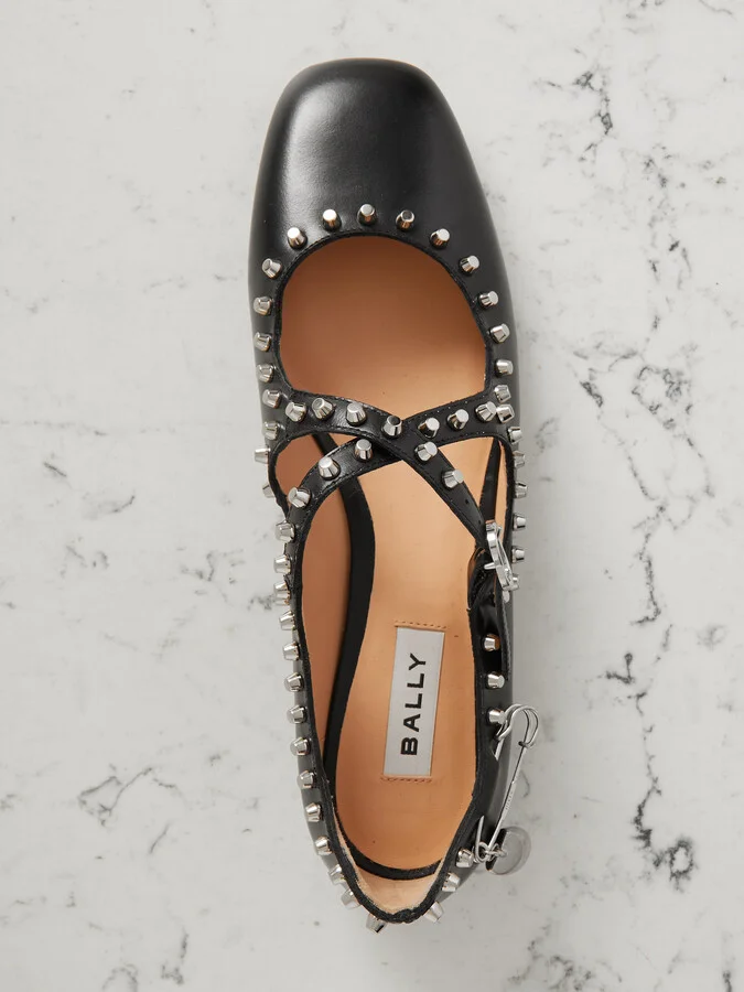BALLY - Embellished Studded Leather Ballet Flats - Black - Image 5