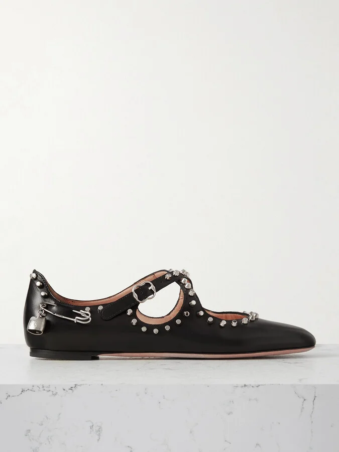 BALLY - Embellished Studded Leather Ballet Flats - Black