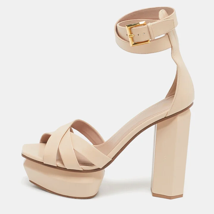 Balmain Beige Leather Ava Ankle Strap Sandals Size 39