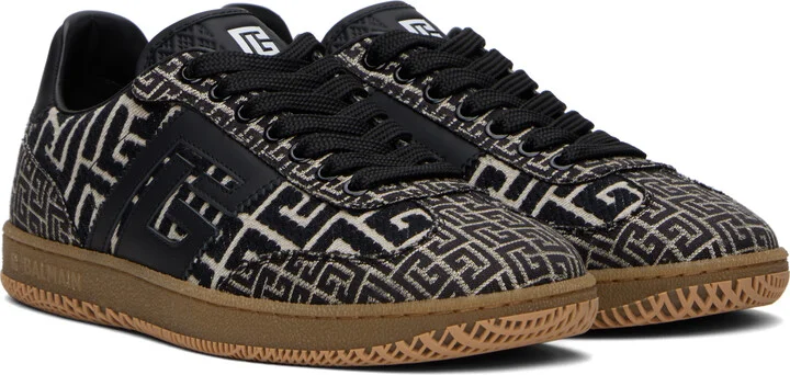 Balmain Black & Beige Swan 'PB' Labyrinth Jacquard Sneakers - Image 4