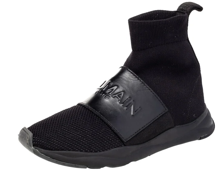 Balmain Black Leather And Knit Fabric Cameron High Top Sneakers Size 35
