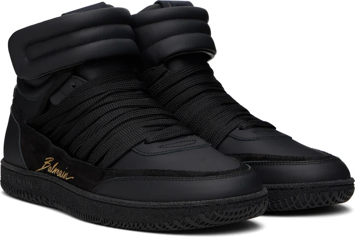 Balmain Black Leather 'Balmain Swan' Mid-Top Lace-Up Sneakers - Image 4