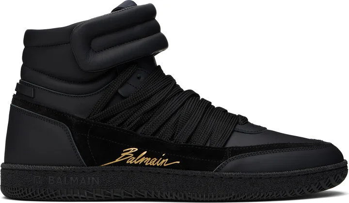 Balmain Black Leather 'Balmain Swan' Mid-Top Lace-Up Sneakers