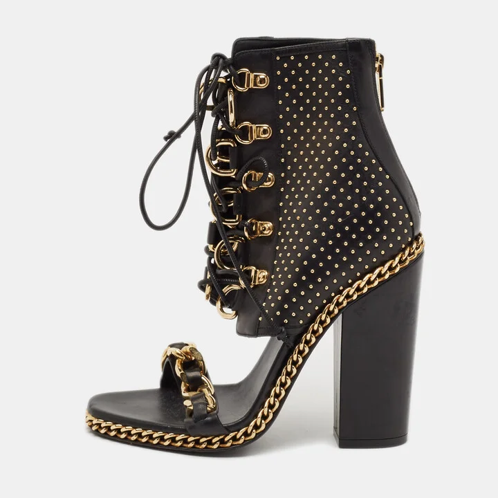 Balmain Black Leather Chain Lace Up Ankle Sandals Size 39