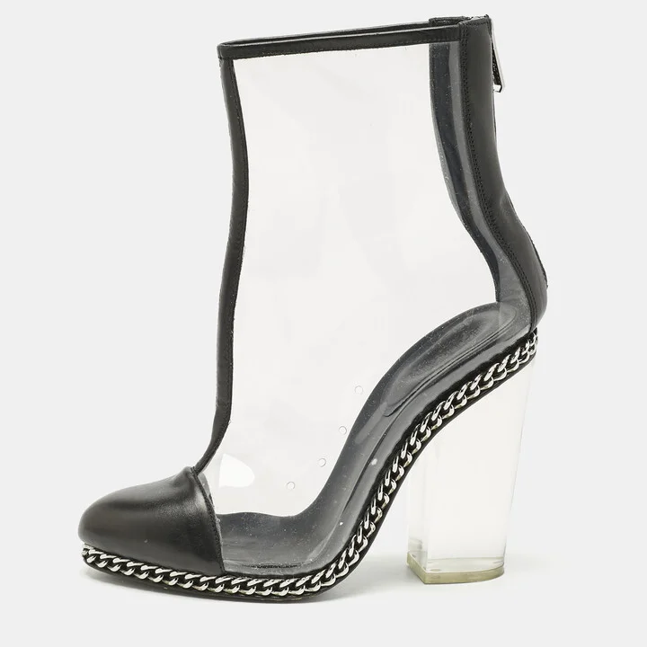 Balmain Black/Transparent Leather And PVC Cap Toe Ankle Length Boots Size 39