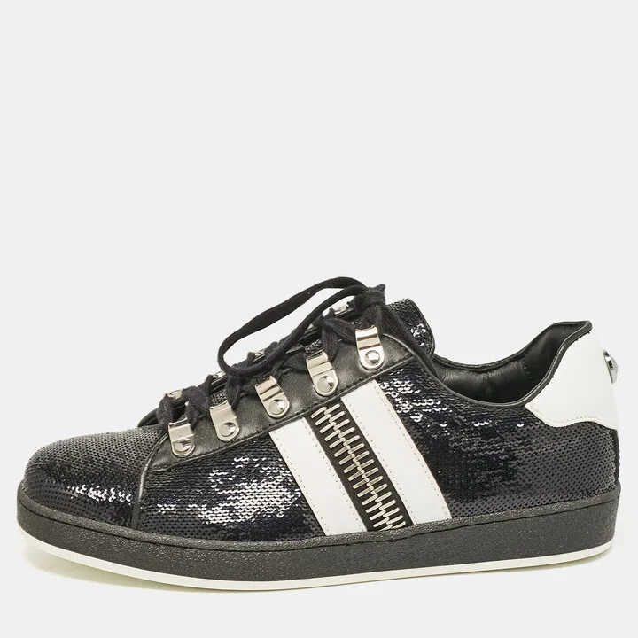 Balmain Black/White Leather and Sequins Lace Up Sneakers Size 38