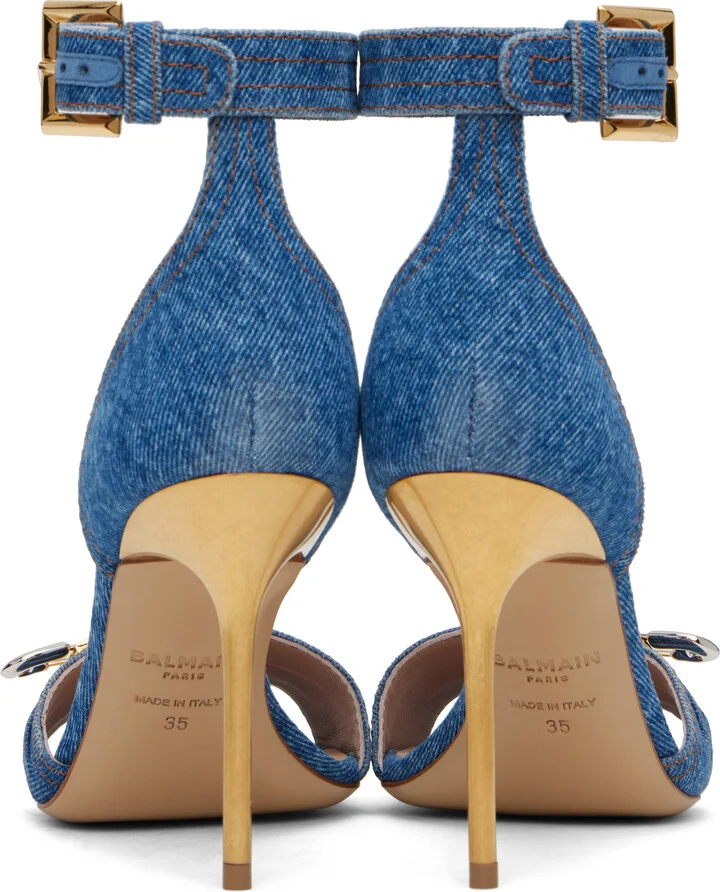 Balmain Blue Denim Safety Pin Heeled Sandals - Image 2