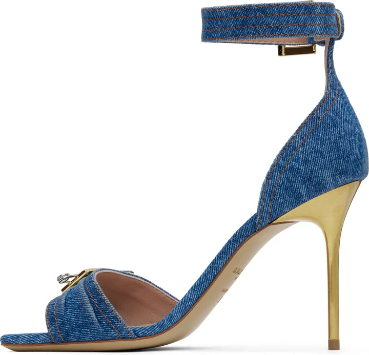 Balmain Blue Denim Safety Pin Heeled Sandals - Image 3