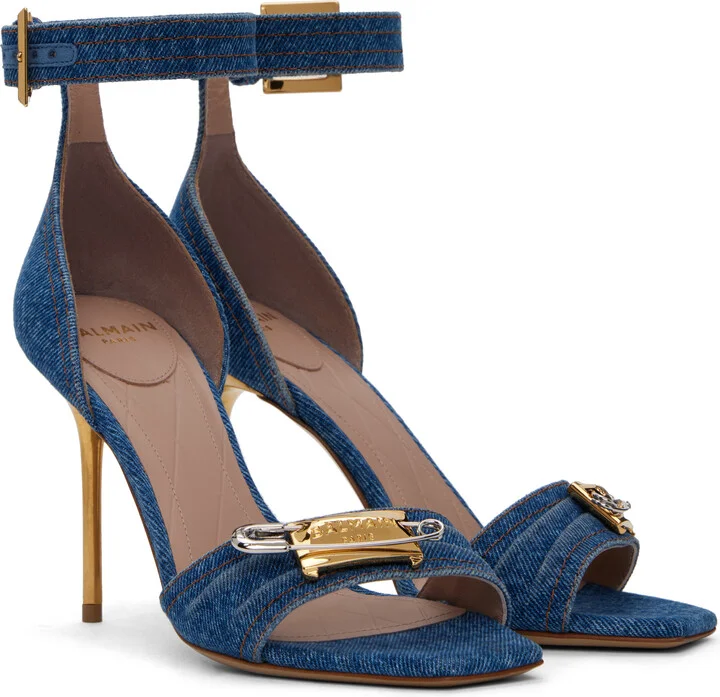 Balmain Blue Denim Safety Pin Heeled Sandals - Image 4