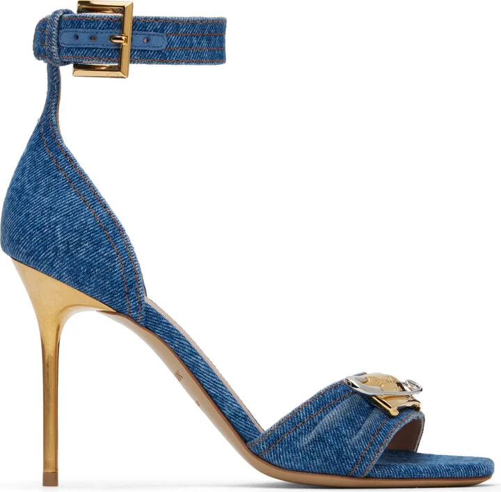 Balmain Blue Denim Safety Pin Heeled Sandals