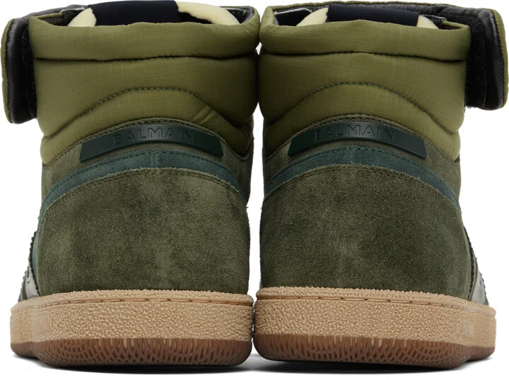 Balmain Khaki 'Balmain' Swan Mid-Top Calfskin & Suede Sneakers - Image 2