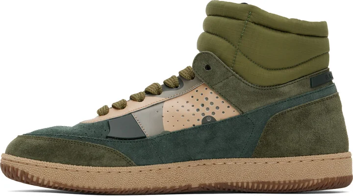 Balmain Khaki 'Balmain' Swan Mid-Top Calfskin & Suede Sneakers - Image 3