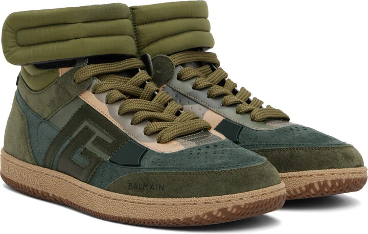 Balmain Khaki 'Balmain' Swan Mid-Top Calfskin & Suede Sneakers - Image 4