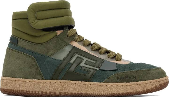 Balmain Khaki 'Balmain' Swan Mid-Top Calfskin & Suede Sneakers