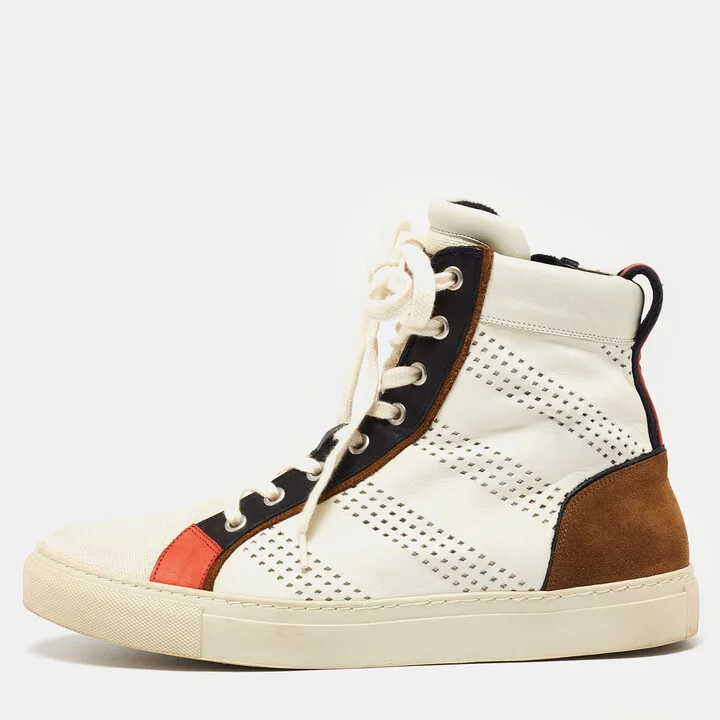 Balmain Multicolor Perforated Leather Suede and Canvas High-Top Sneakers Size 42