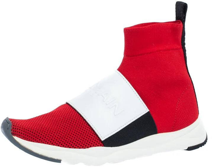 Balmain Red/White Stretch Knit and Leather Embossed Logo High Top Sneakers Size 36.5