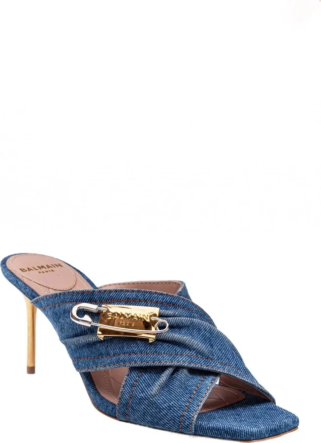 Balmain Safety Mule In Denim Fabric With Applied Pin - Image 2