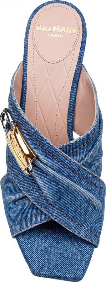 Balmain Safety Mule In Denim Fabric With Applied Pin - Image 3