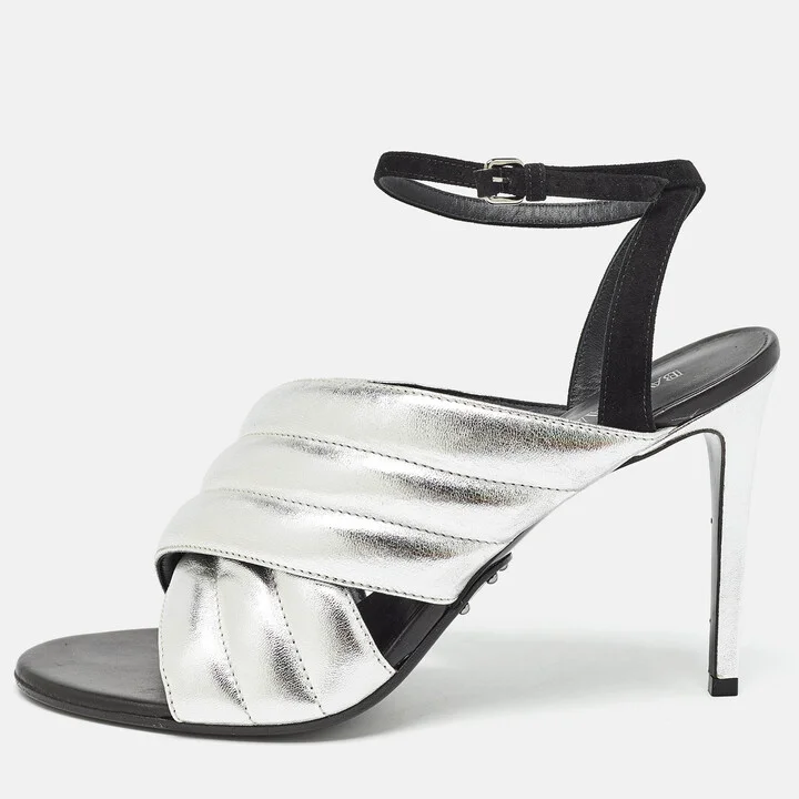 Balmain Silver/Black Quilted Leather and Suede Ankle Strap Sandals Size 40