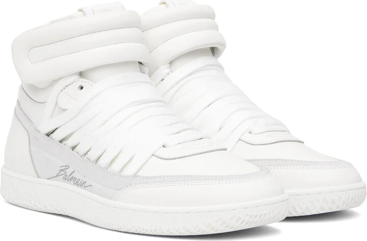 Balmain White Leather 'Balmain Swan' Mid-Top Lace-Up Sneakers - Image 4