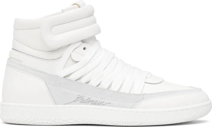 Balmain White Leather 'Balmain Swan' Mid-Top Lace-Up Sneakers