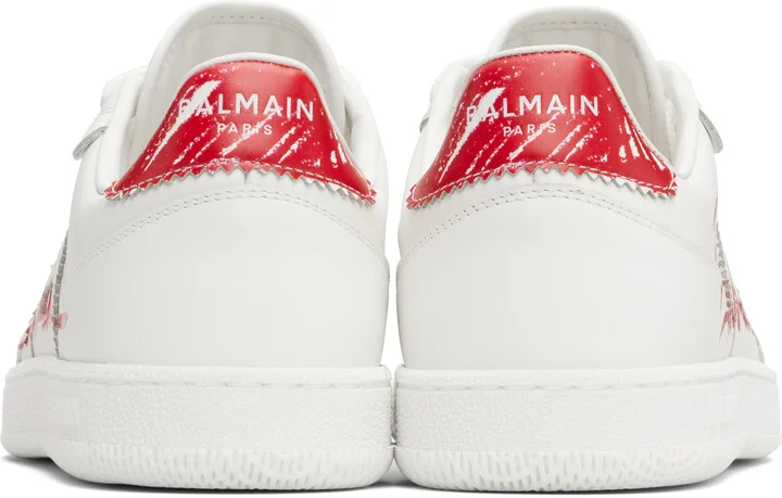 Balmain White & Red Leather 'Balmain' Swan Lipstick Sneakers - Image 2