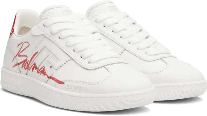Balmain White & Red Leather 'Balmain' Swan Lipstick Sneakers - Image 4