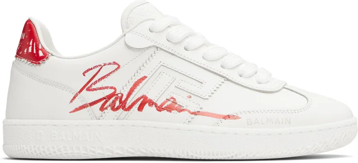 Balmain White & Red Leather 'Balmain' Swan Lipstick Sneakers