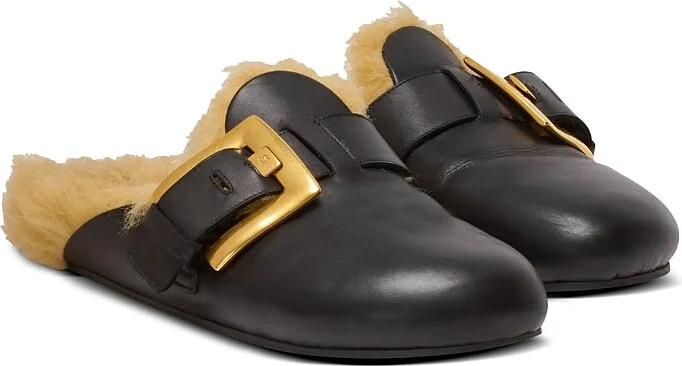 Balmain Women's Flat Leather and Faux Fur Mules
