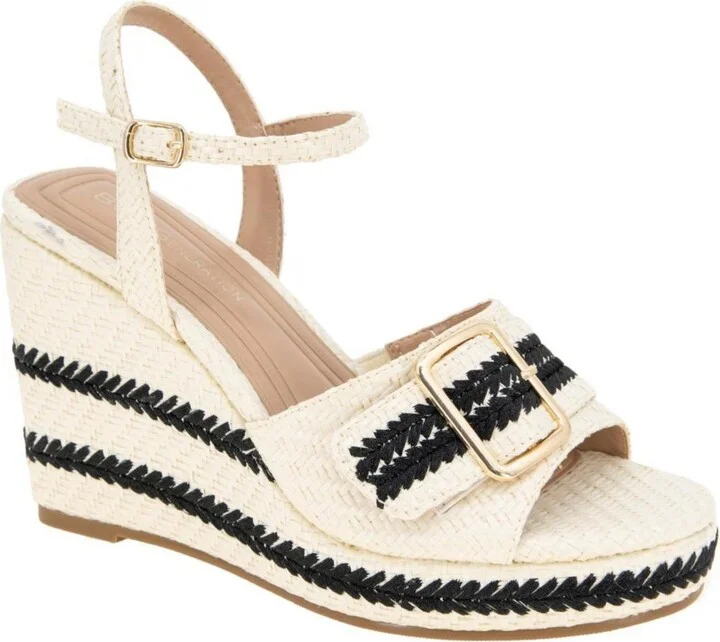 BCBGeneration Women's Elo Buckle Detail Wedge Sandals - Porcelain, Black