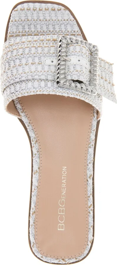 BCBGeneration Women's Mollie Buckled Slide Flat Sandals - White, Silver Boucle - Image 4