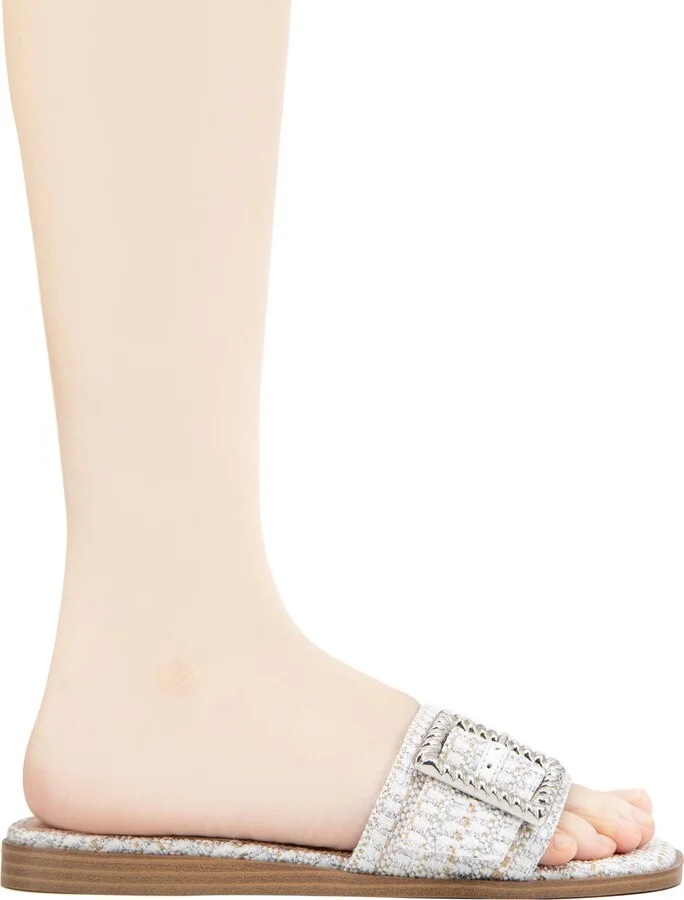 BCBGeneration Women's Mollie Buckled Slide Flat Sandals - White, Silver Boucle - Image 6