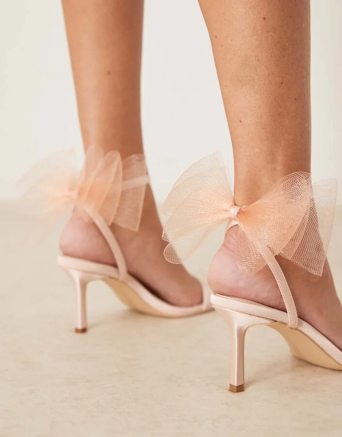 Be Mine Bridal Dipika kitten heel sandals with tulle bow in blush - Image 3