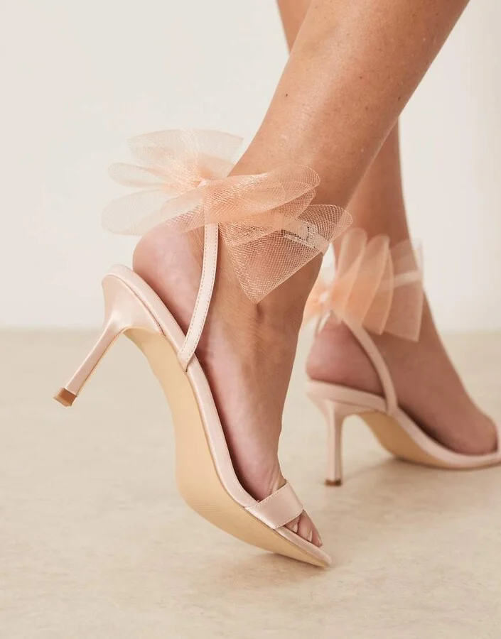 Be Mine Bridal Dipika kitten heel sandals with tulle bow in blush - Image 4