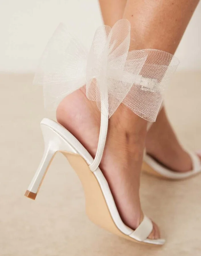 Be Mine Bridal Dipika kitten heel sandals with tulle bow in ivory - Image 2