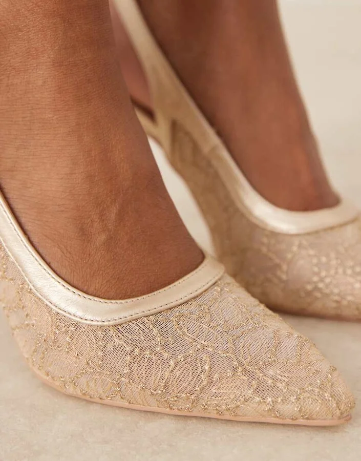 Be Mine Bridal Vidha slingback heeled shoes in gold lace - Image 4