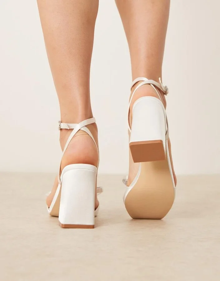 Be Mine Fern high block heel sandals with bow detail in satin ivory - Image 4