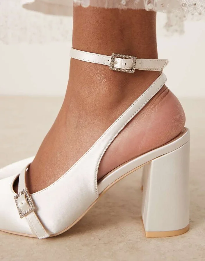 Be Mine Harriot high block heeled pumps with buckle detail in satin ivory - Image 2