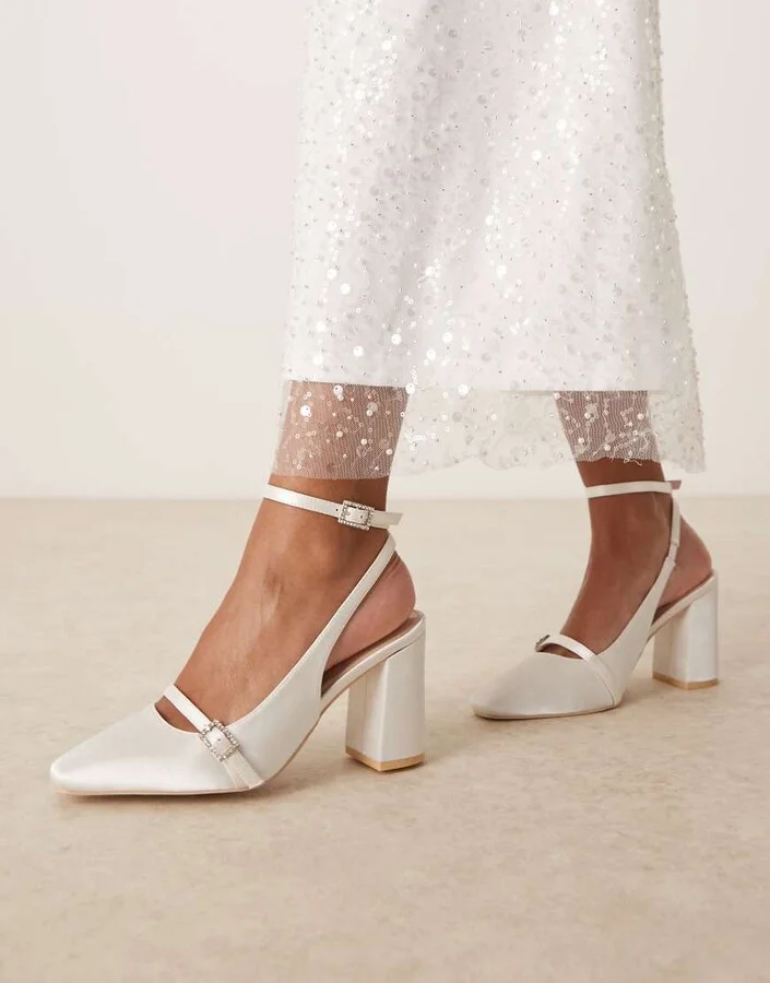 Be Mine Harriot high block heeled pumps with buckle detail in satin ivory - Image 3